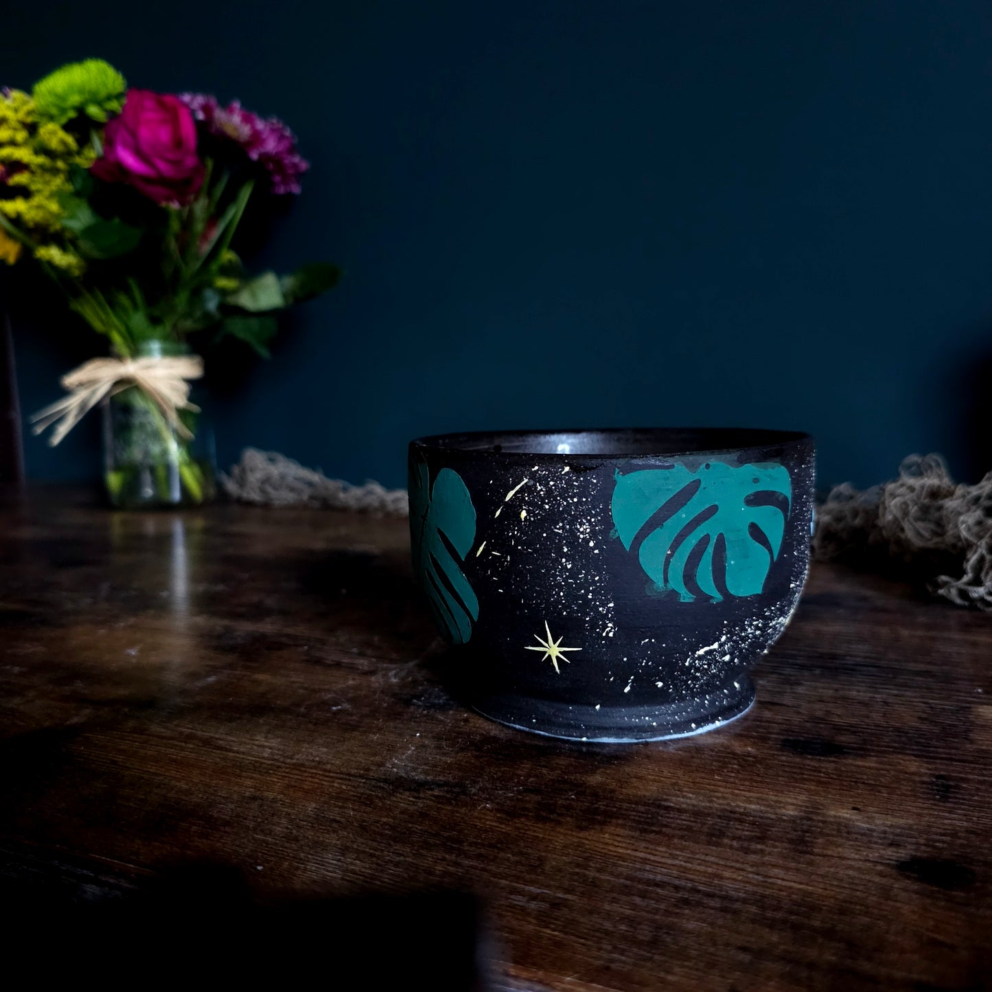 Night Garden Bowl – Hand-Painted Celestial Moth & Monstera Ceramic Stoneware