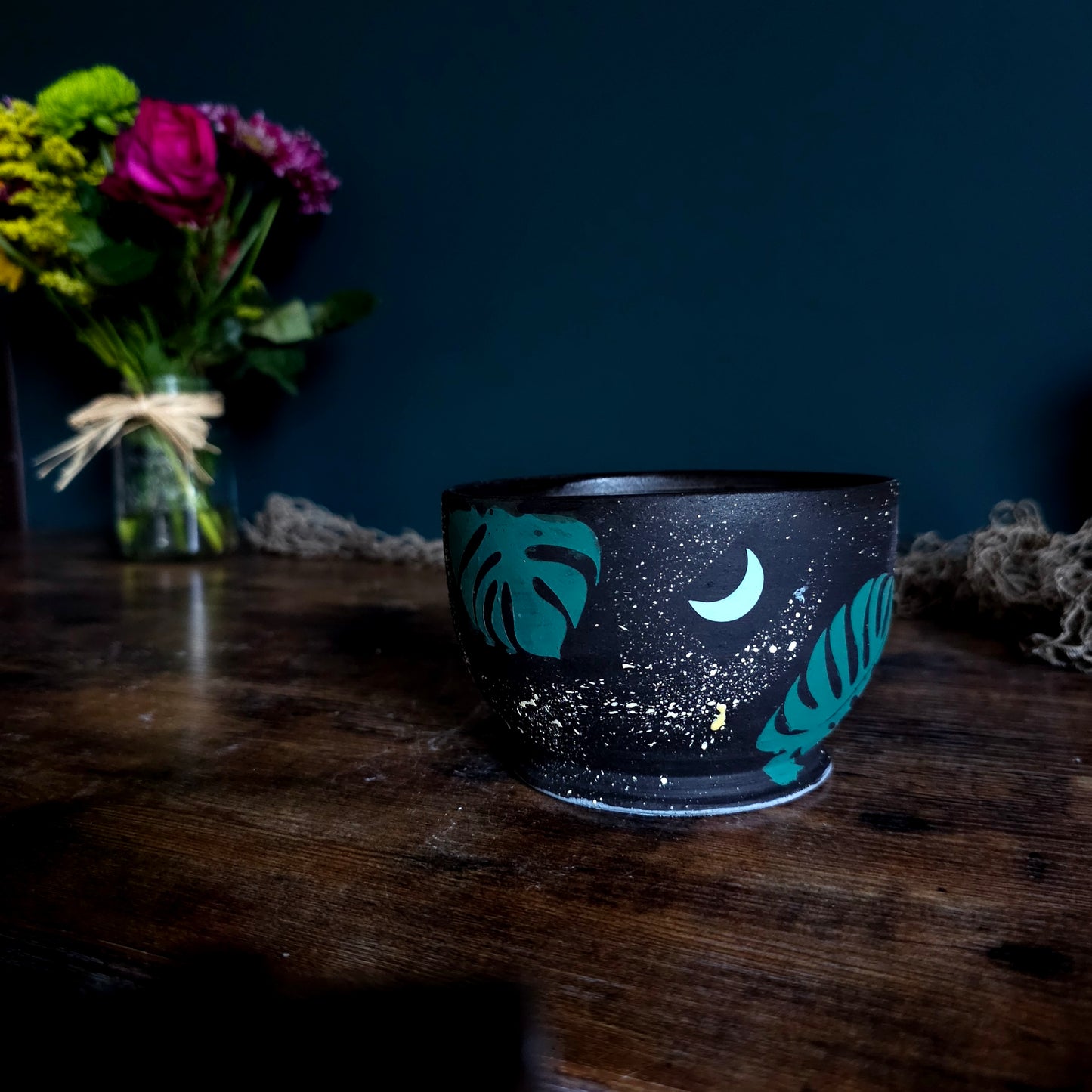 Night Garden Bowl – Hand-Painted Celestial Moth & Monstera Ceramic Stoneware