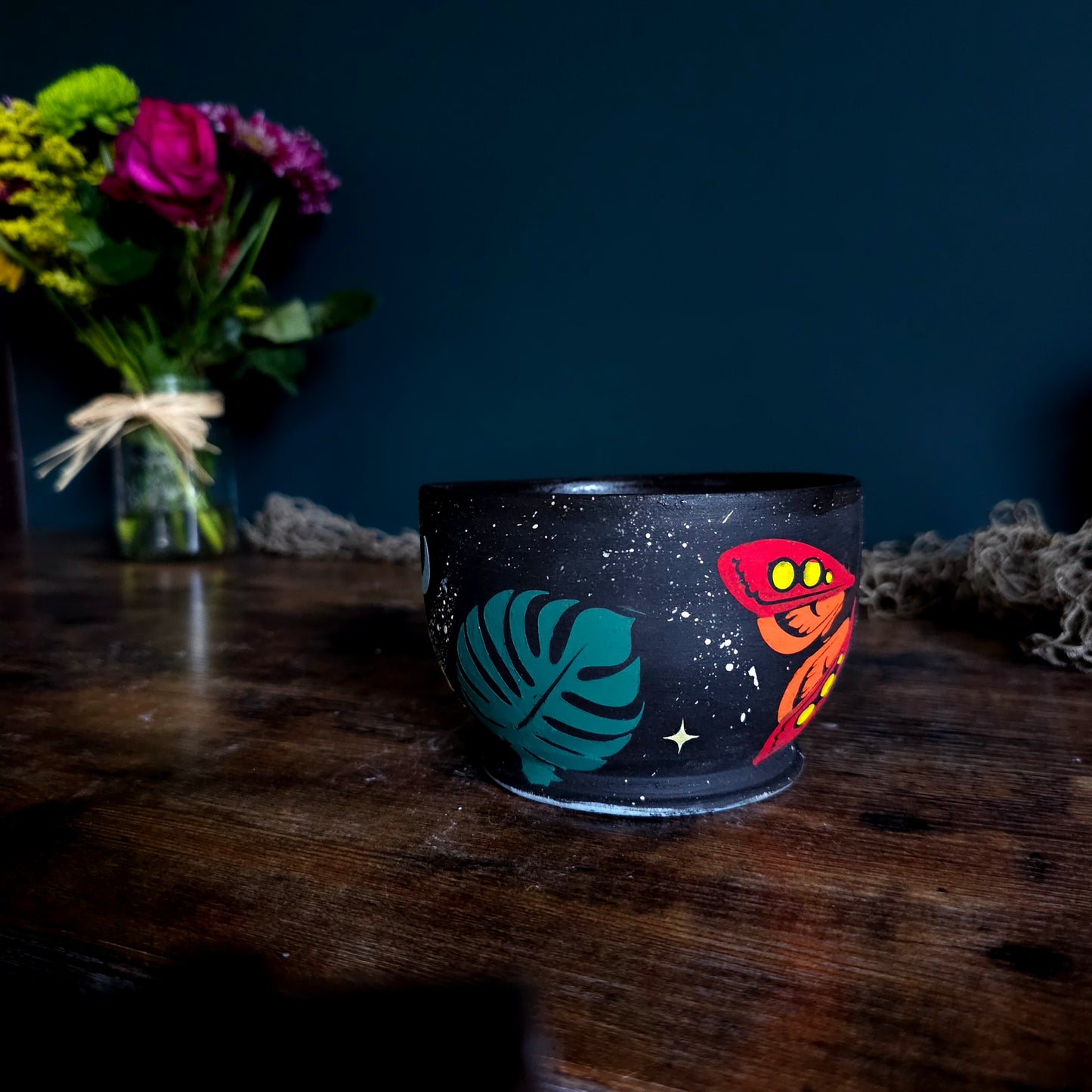 Night Garden Bowl – Hand-Painted Celestial Moth & Monstera Ceramic Stoneware