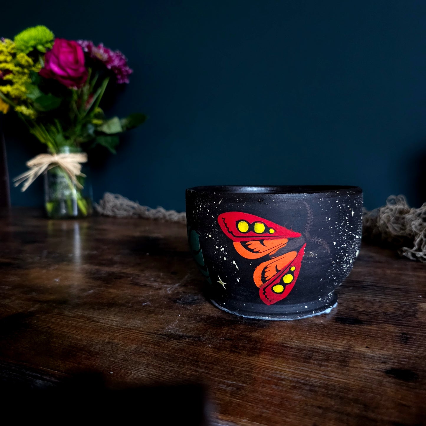 Night Garden Bowl – Hand-Painted Celestial Moth & Monstera Ceramic Stoneware