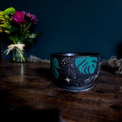 Night Garden Bowl – Hand-Painted Celestial Moth & Monstera Ceramic Stoneware
