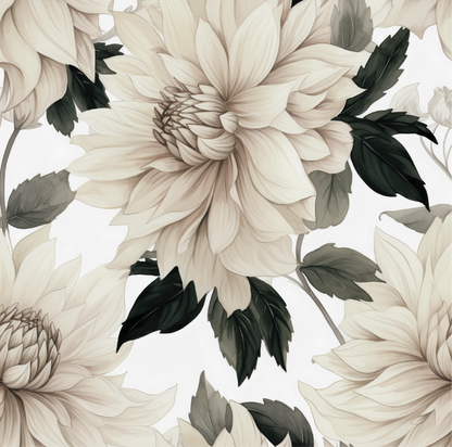 Wallpaper featuring soft, oversized dahlias in creamy, neutral tones accented with rich green leaves. This stunning floral design captures the timeless elegance of dahlias, creating a calm and sophisticated atmosphere perfect for any room. 