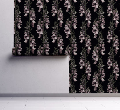 Dark floral wallpaper displayed on wall