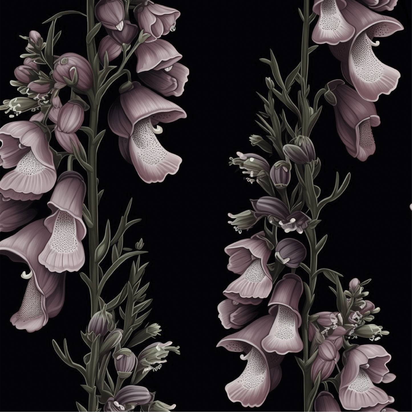 Wallpaper Featuring stunning foxgloves in soft purple tones cascading down against a bold black backdrop, this design brings a dark, romantic aesthetic to any room. The intricate floral details are balanced by the rich, moody background, making it perfect for those looking to create an elegant yet dramatic atmosphere in their home.