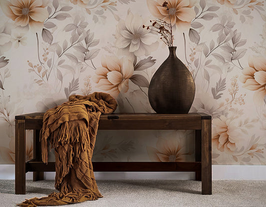 Light floral peel and stick wallpaper with soft gold and neutral flowers on an ivory background for Cottagecore interiors
