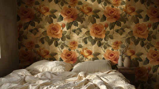Peel and stick wallpaper with ochre and blush vintage roses on a cream parchment background for romantic Cottagecore spaces